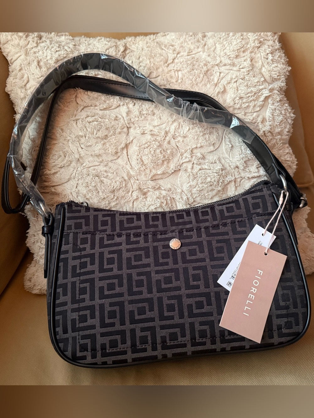 Fiorelli Black Patterned Shoulder Bag with Logo Detail
